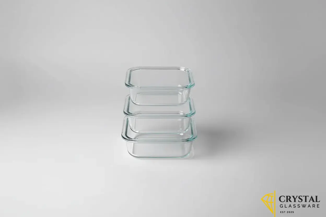 Deli Glassware 3 Pcs square Glass Dish Set featuring three nested clear glass baking and serving dishes with side handles.